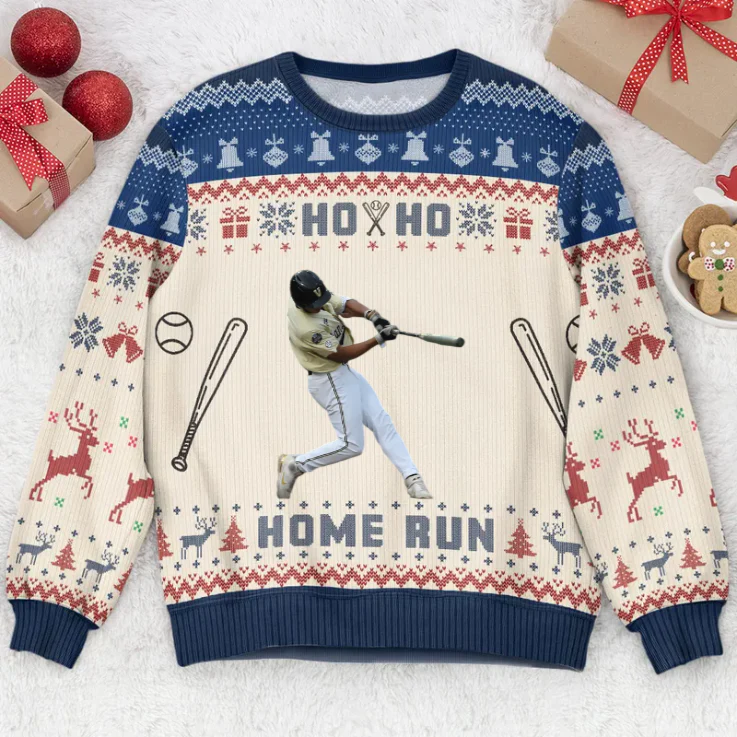Custom Photo Baseball Ho Ho Home Run- Christmas Gift For Baseball Lovers - Personalized Ugly Sweatshirt, Gift For Son, Daughter, Mom - Image 2
