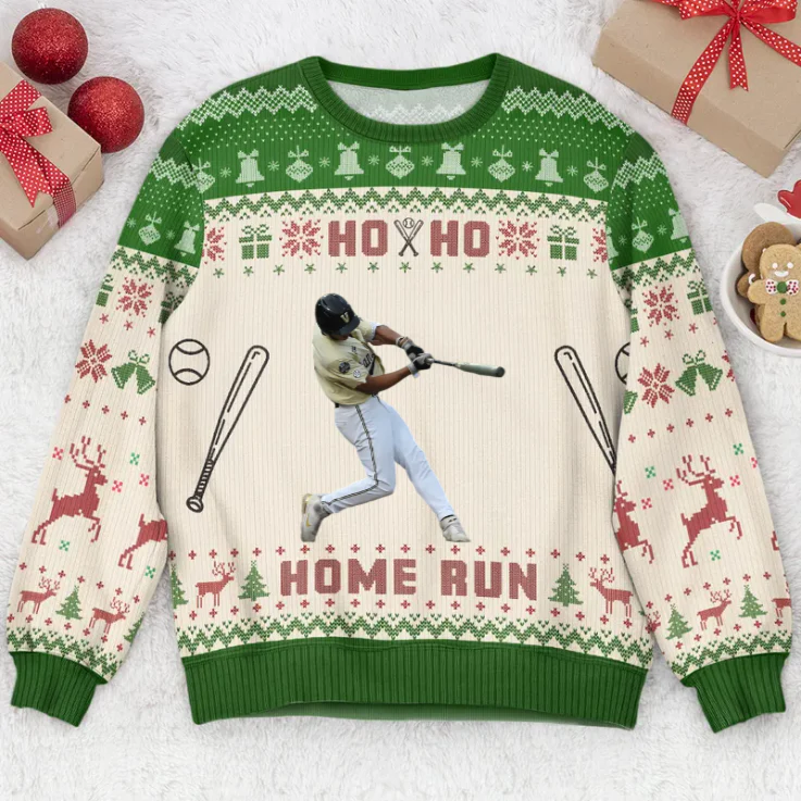 Custom Photo Baseball Ho Ho Home Run- Christmas Gift For Baseball Lovers - Personalized Ugly Sweatshirt, Gift For Son, Daughter, Mom - Image 3