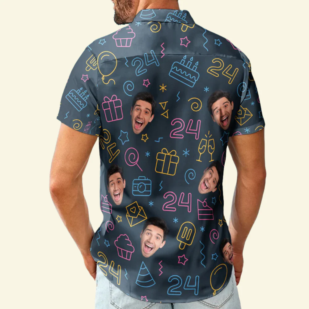 Custom Photo Birthday Neon Party Face Funny - Personalized Hawaiian Shirt - Image 2