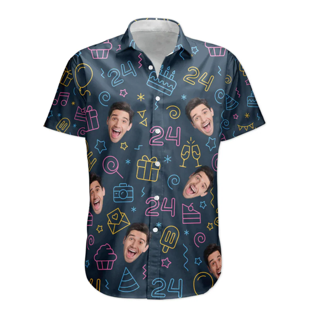 Custom Photo Birthday Neon Party Face Funny - Personalized Hawaiian Shirt - Image 3