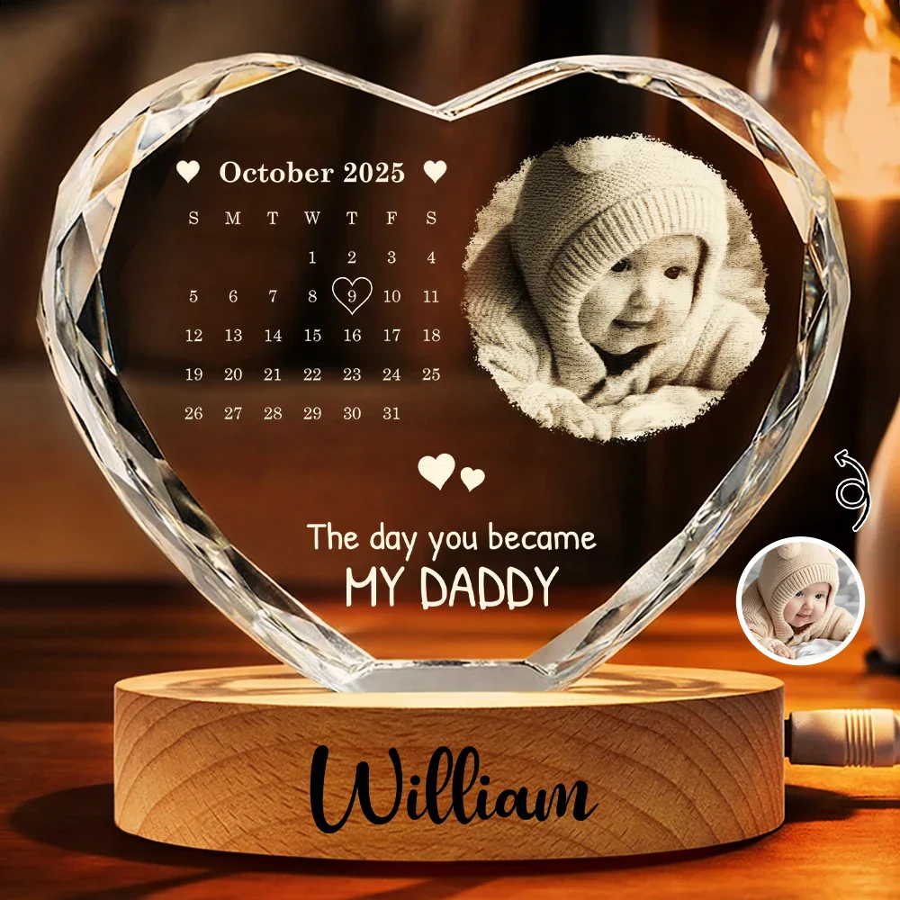 Custom Photo Calendar The Day You Became My Daddy - Personalized Crystal Heart Globe Lamp - Gift For Dad