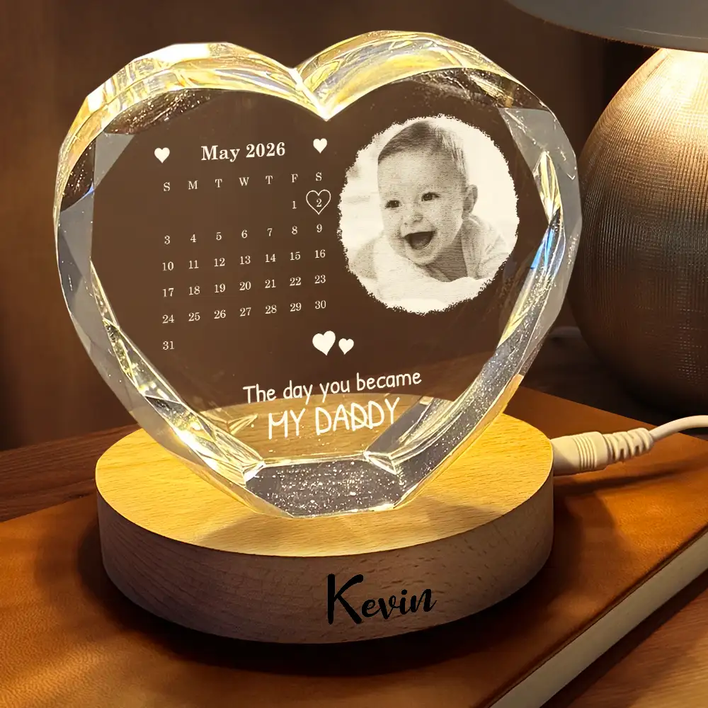 Custom Photo Calendar The Day You Became My Daddy - Personalized Crystal Heart Globe Lamp - Gift For Dad - Image 2