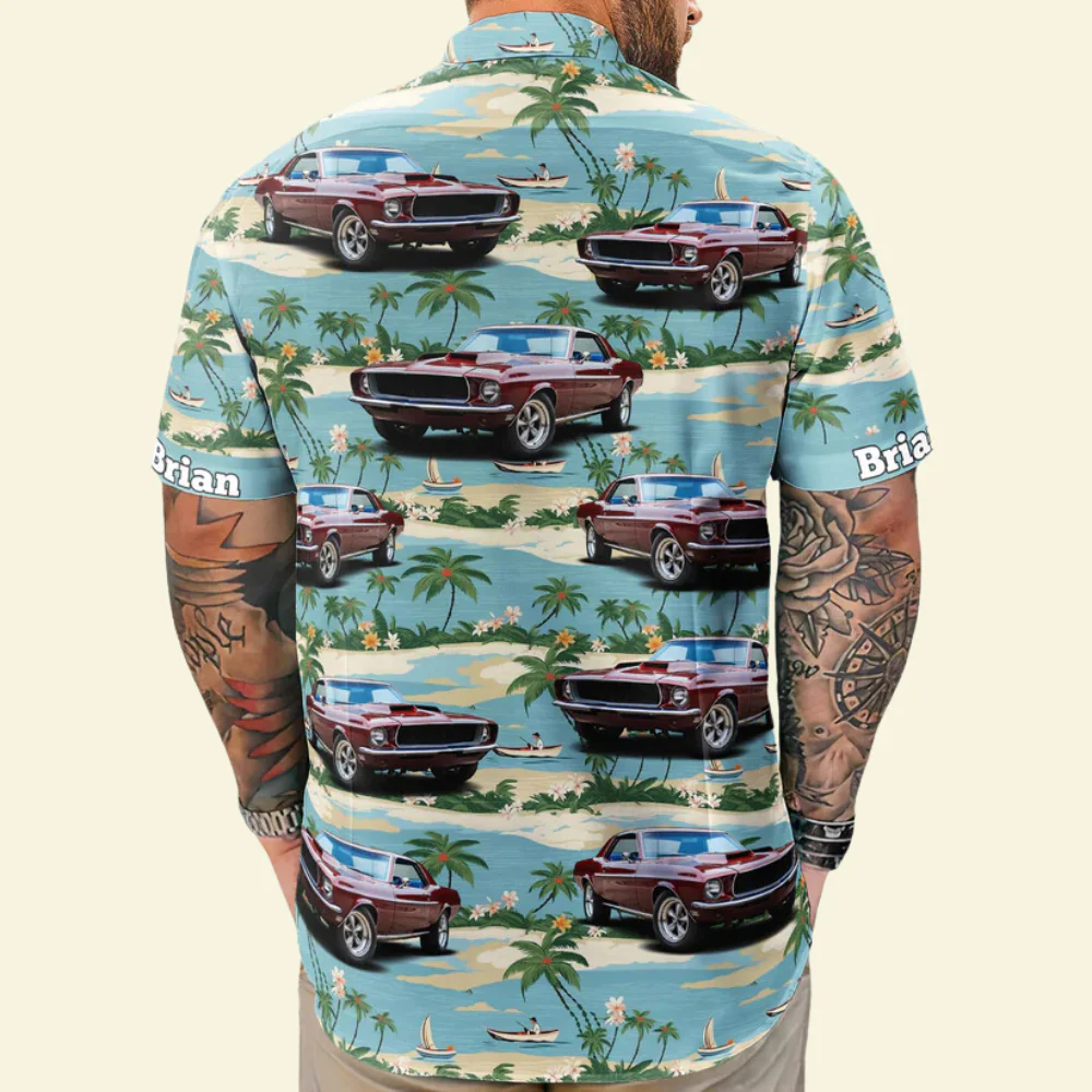 Custom Photo Car Beach Palm Tree Vintage - Personalized Hawaiian Shirt - Image 2