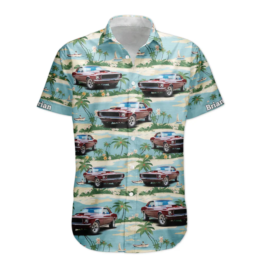 Custom Photo Car Beach Palm Tree Vintage - Personalized Hawaiian Shirt - Image 3
