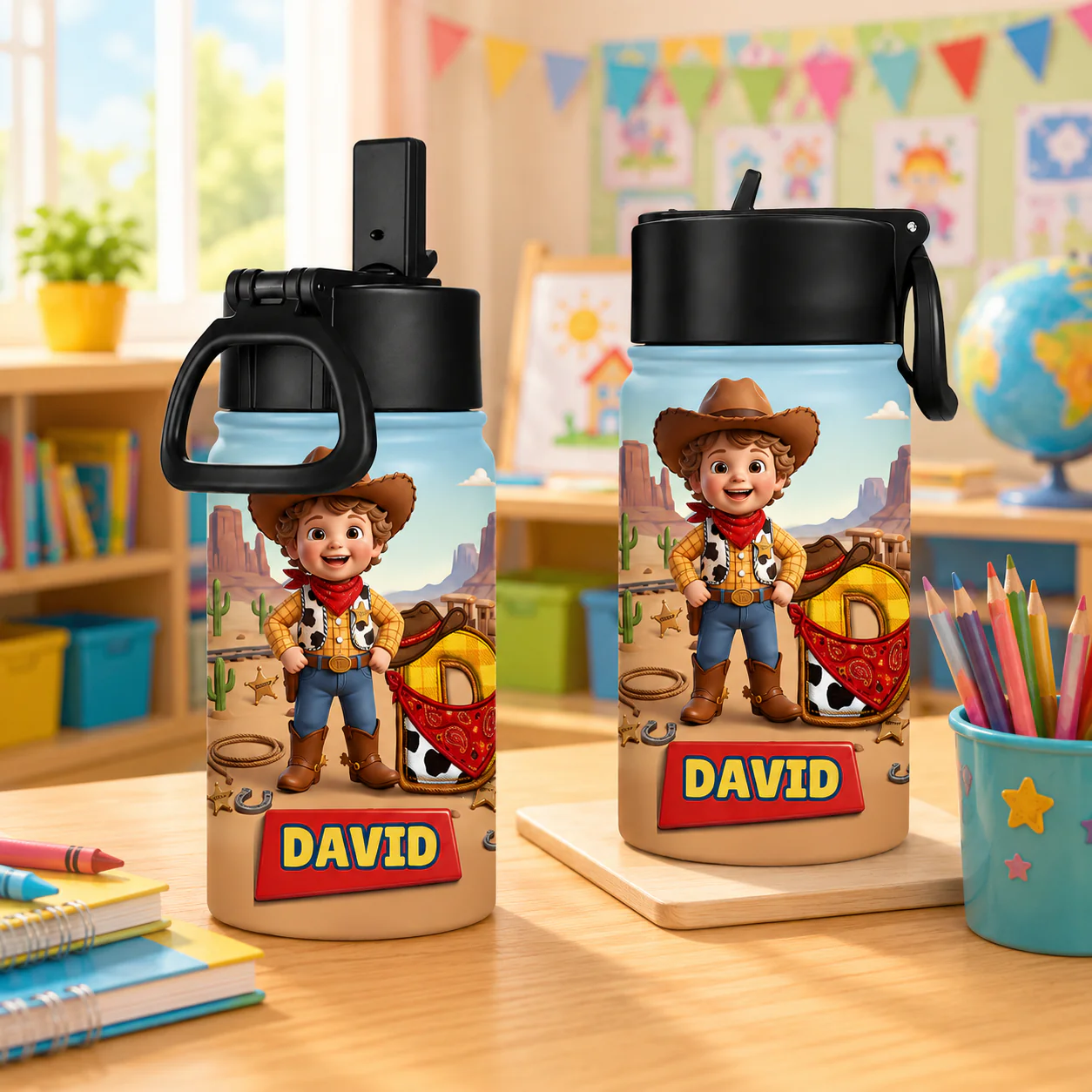 Custom Photo Cowboy CowGirl - Personalized Backpack, Lunch Bag, Pencil Case & Water Bottle - Back to School Gift - Image 5