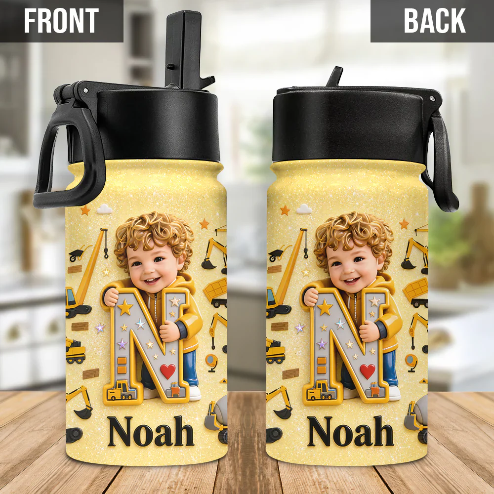Custom Photo Cute Kid With Vehicle Back To School - Personalized Kids Stainless Steel Water Bottle - Gift For Kids - Image 5
