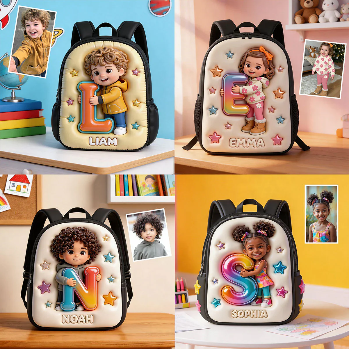 Custom Photo Cute Kids School - Personalized Backpack, Lunch Bag, Pencil Case & Water Bottle - Back to School Gift