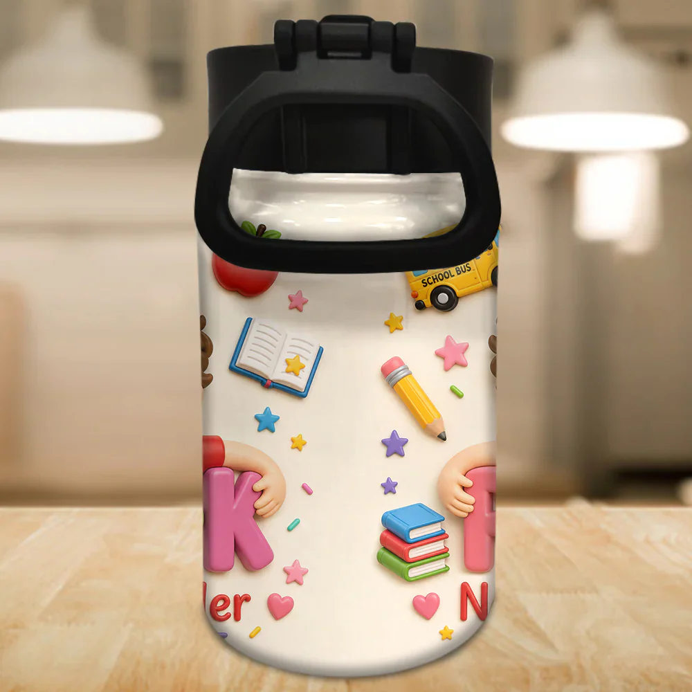 Custom Photo Cute Pencil Bus Apple Back To School - Personalized Kids Stainless Steel Water Bottle - Gift For Kids - Image 3