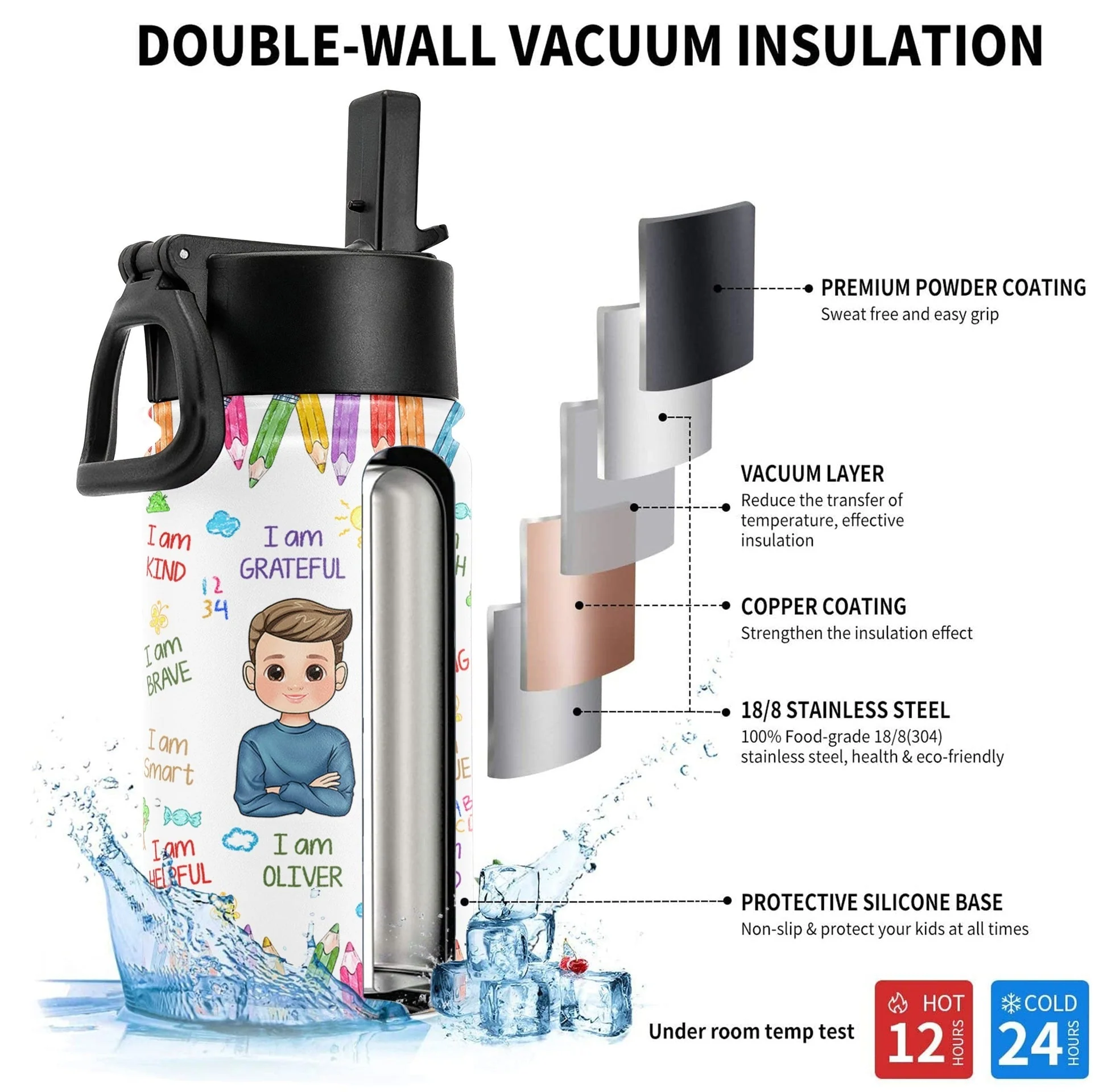 Custom Photo Cute Pencil Bus Apple Back To School - Personalized Kids Stainless Steel Water Bottle - Gift For Kids - Image 5