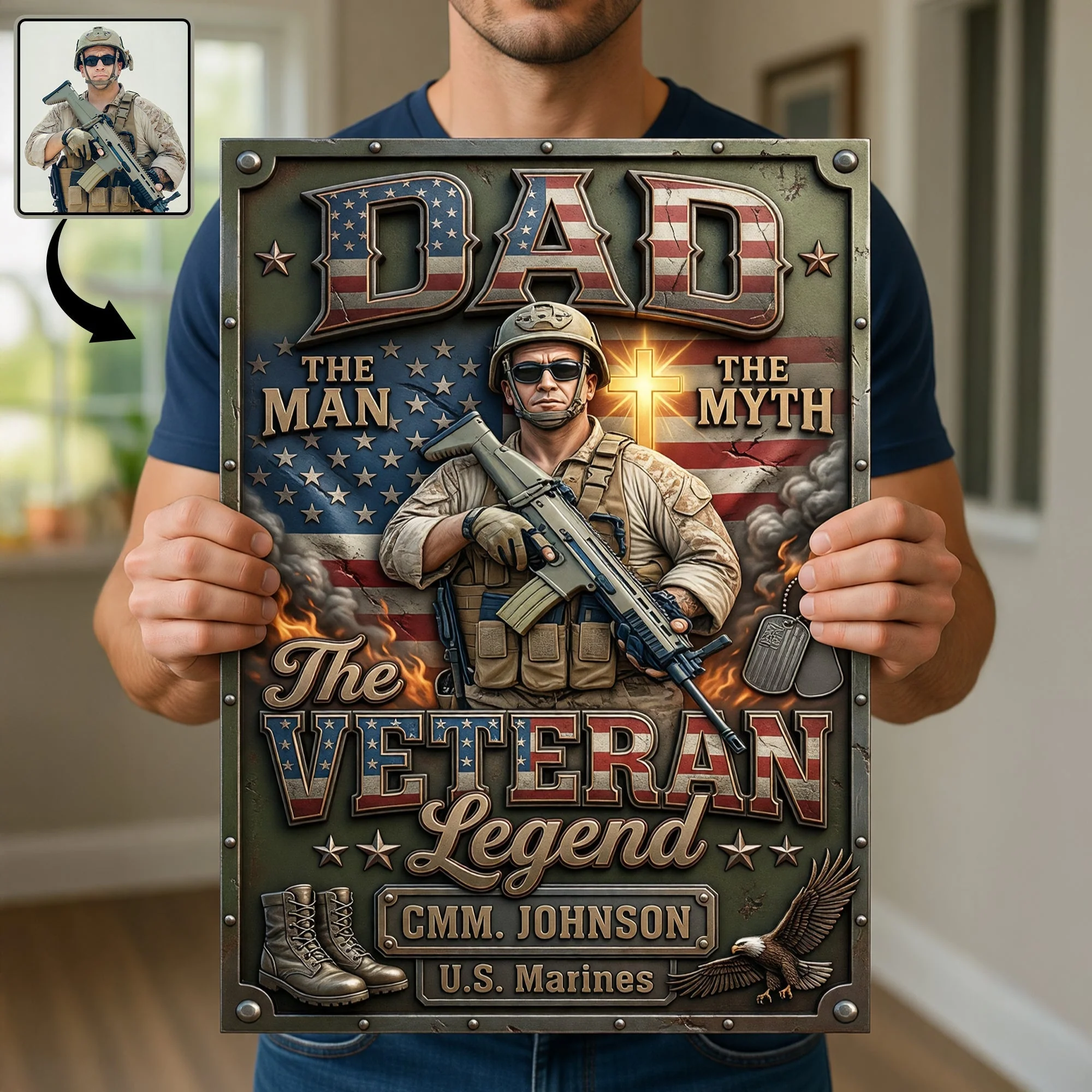 Custom Photo Dad The Man The Myth The Veteran Legend American Flag - Personalized Metal Sign - Gift For Dad, Veterans