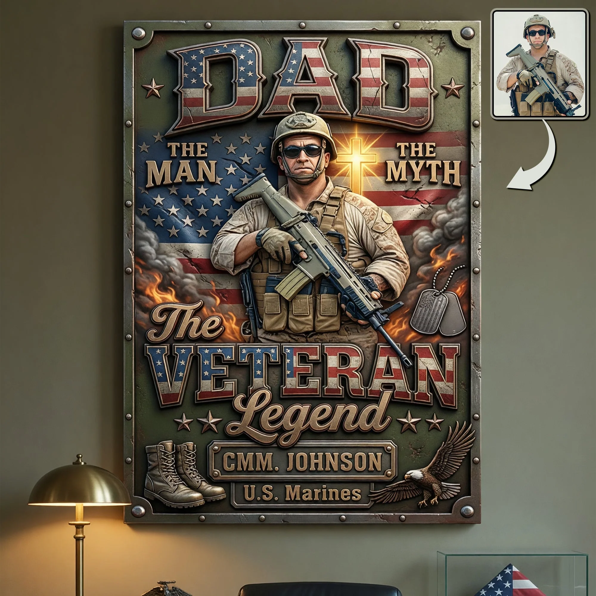 Custom Photo Dad The Man The Myth The Veteran Legend American Flag - Personalized Metal Sign - Gift For Dad, Veterans - Image 2
