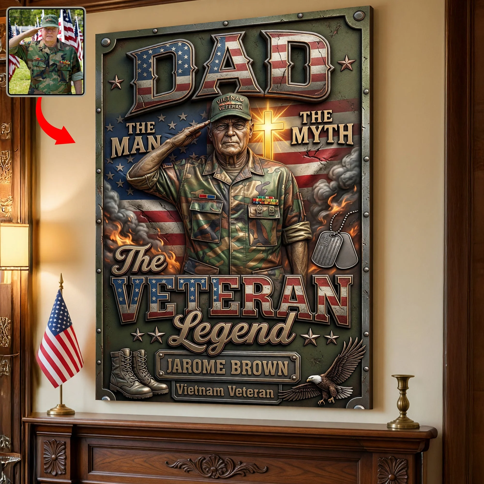 Custom Photo Dad The Man The Myth The Veteran Legend American Flag - Personalized Metal Sign - Gift For Dad, Veterans - Image 3