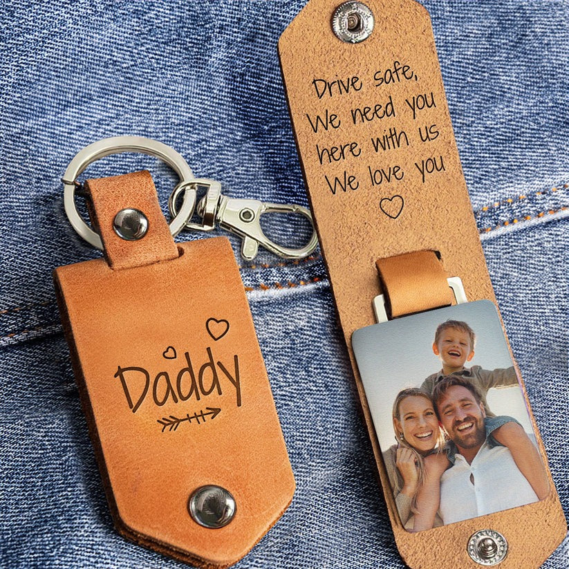 Custom Photo Drive Safe Daddy We Love You - Gift For Dad, Grandfather - Personalized Leather Photo Keychain - Image 2