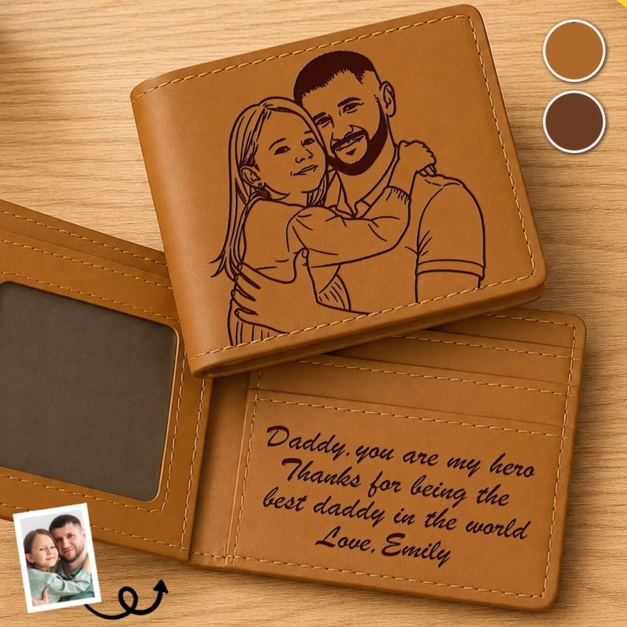 Custom Photo Engraved Bifold Daddy You Are My Hero -  Personalized Leather Wallet For Men - Gift For Dad, Grandpa