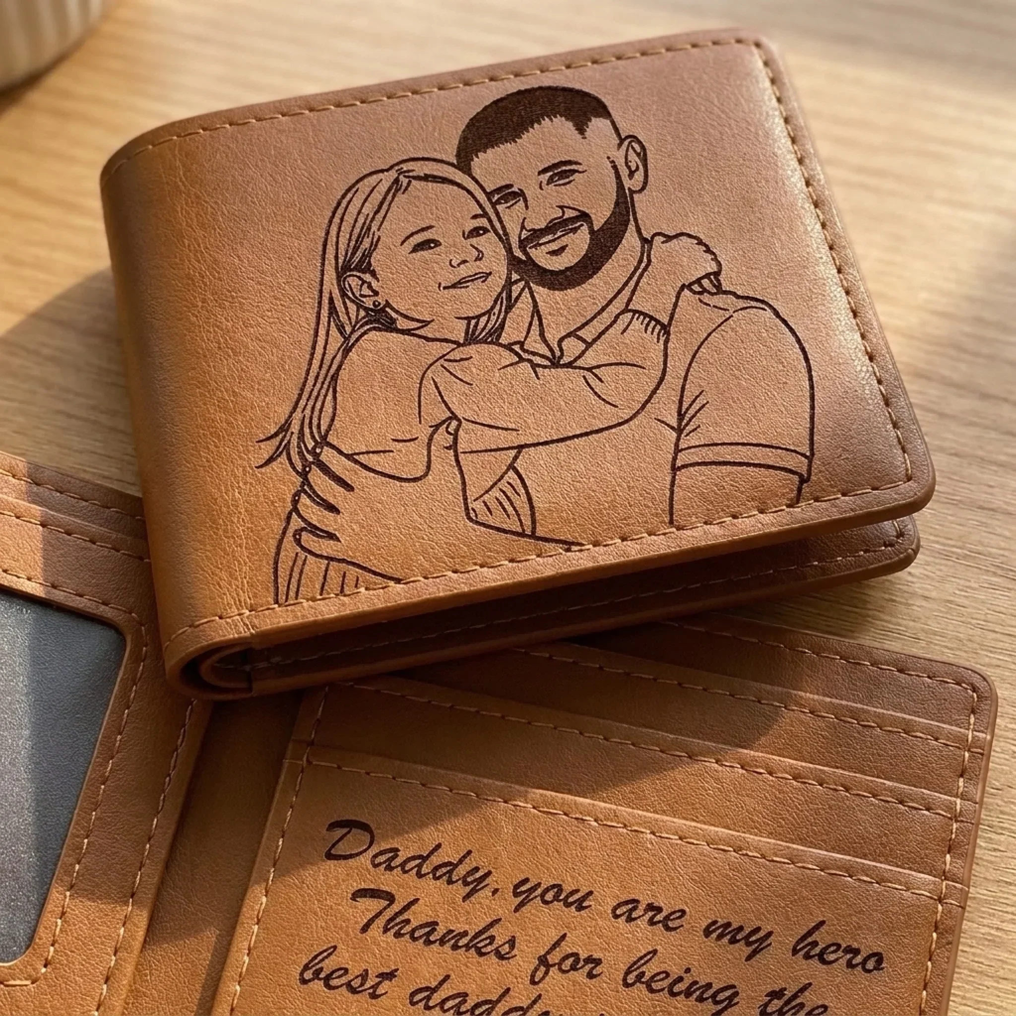 Custom Photo Engraved Bifold Daddy You Are My Hero -  Personalized Leather Wallet For Men - Gift For Dad, Grandpa - Image 2