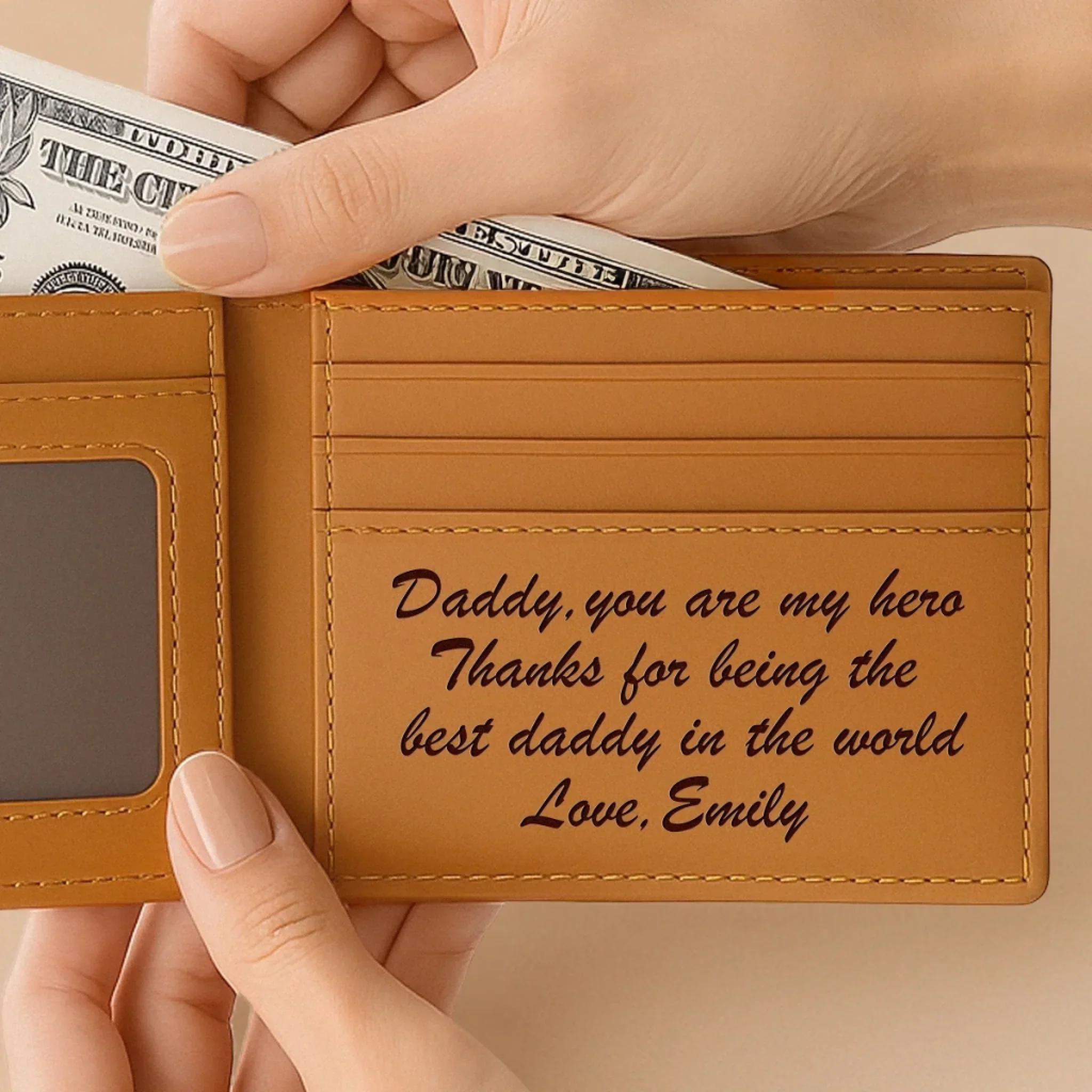 Custom Photo Engraved Bifold Daddy You Are My Hero -  Personalized Leather Wallet For Men - Gift For Dad, Grandpa - Image 5
