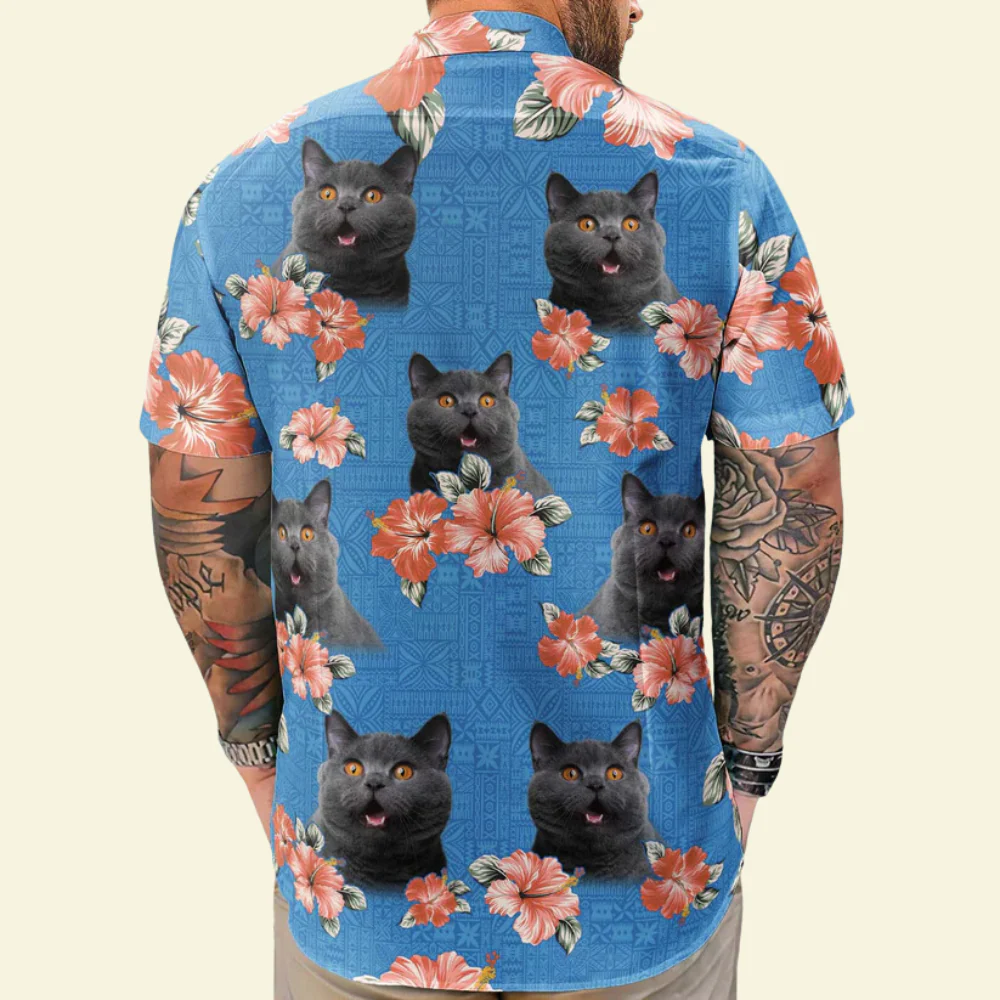 Custom Photo Face Funny Cat Tropical Hibiscus - Personalized Hawaiian Shirt - Image 2