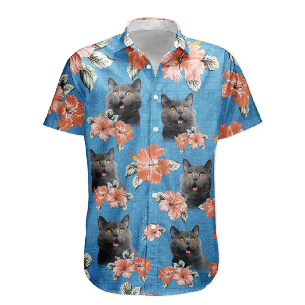Custom Photo Face Funny Cat Tropical Hibiscus - Personalized Hawaiian Shirt - Image 3