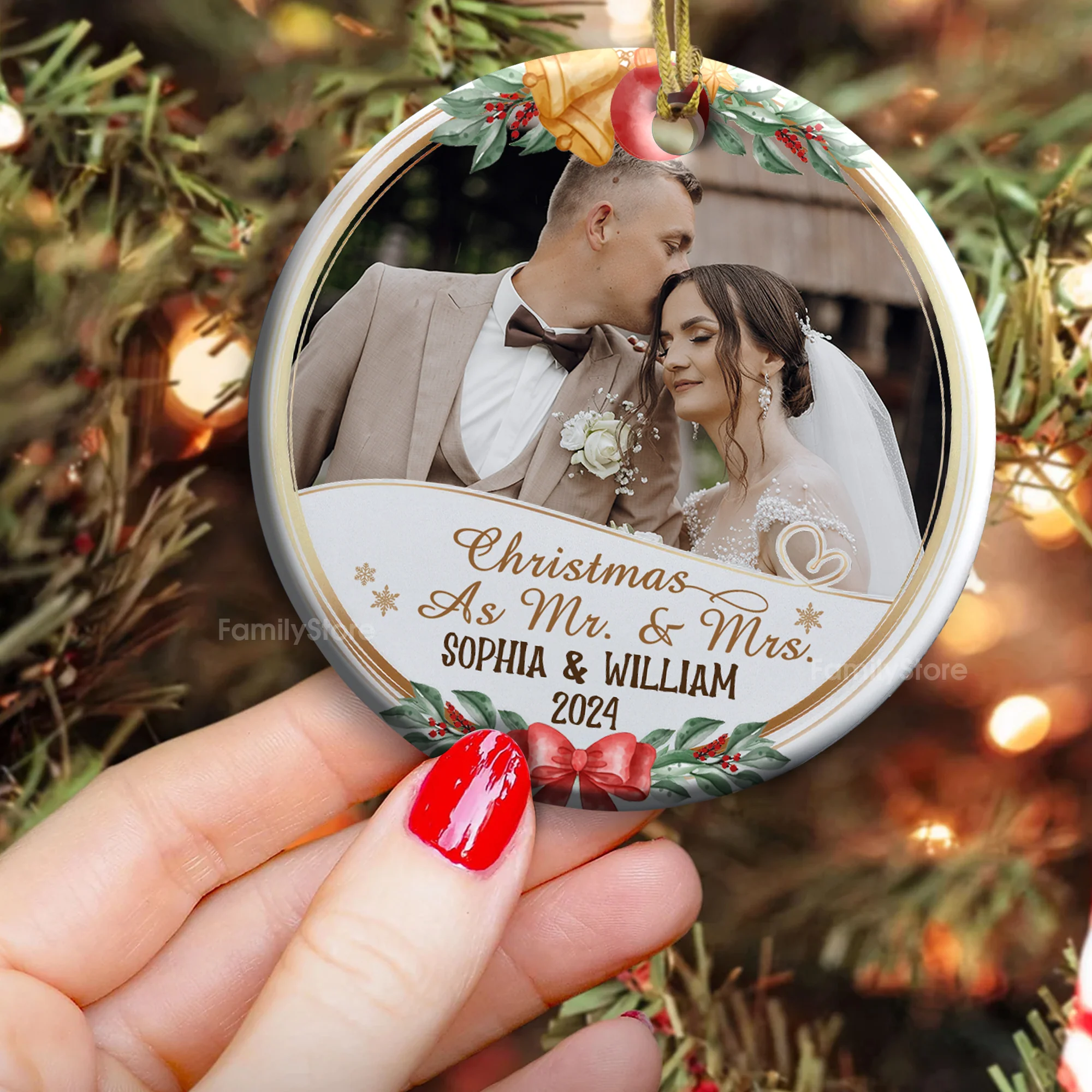 Custom Photo First Christmas As Mr & Mrs - Gift for Couples - Personalized Ceramic Ornament - CRAWL NH96 - Image 3