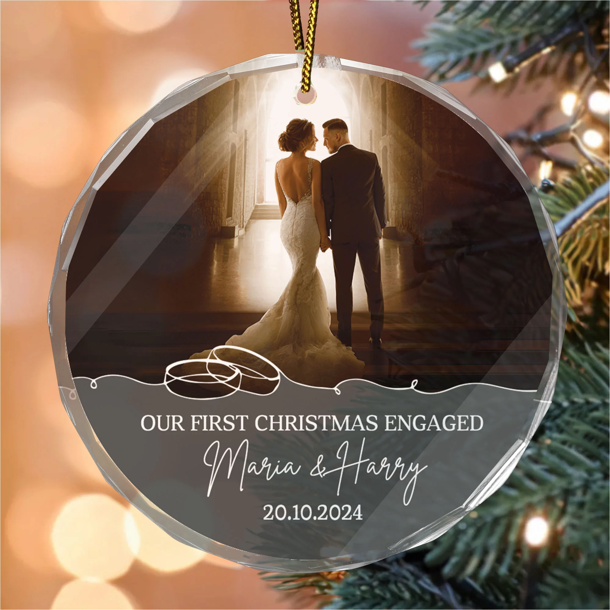 Custom Photo First Christmas Engaged - Gift for Couples, Wedding - Personalized Glass Ornament NH96 - Image 2
