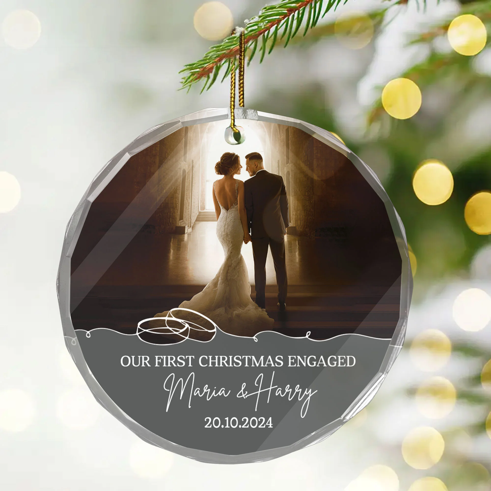 Custom Photo First Christmas Engaged - Gift for Couples, Wedding - Personalized Glass Ornament NH96 - Image 3