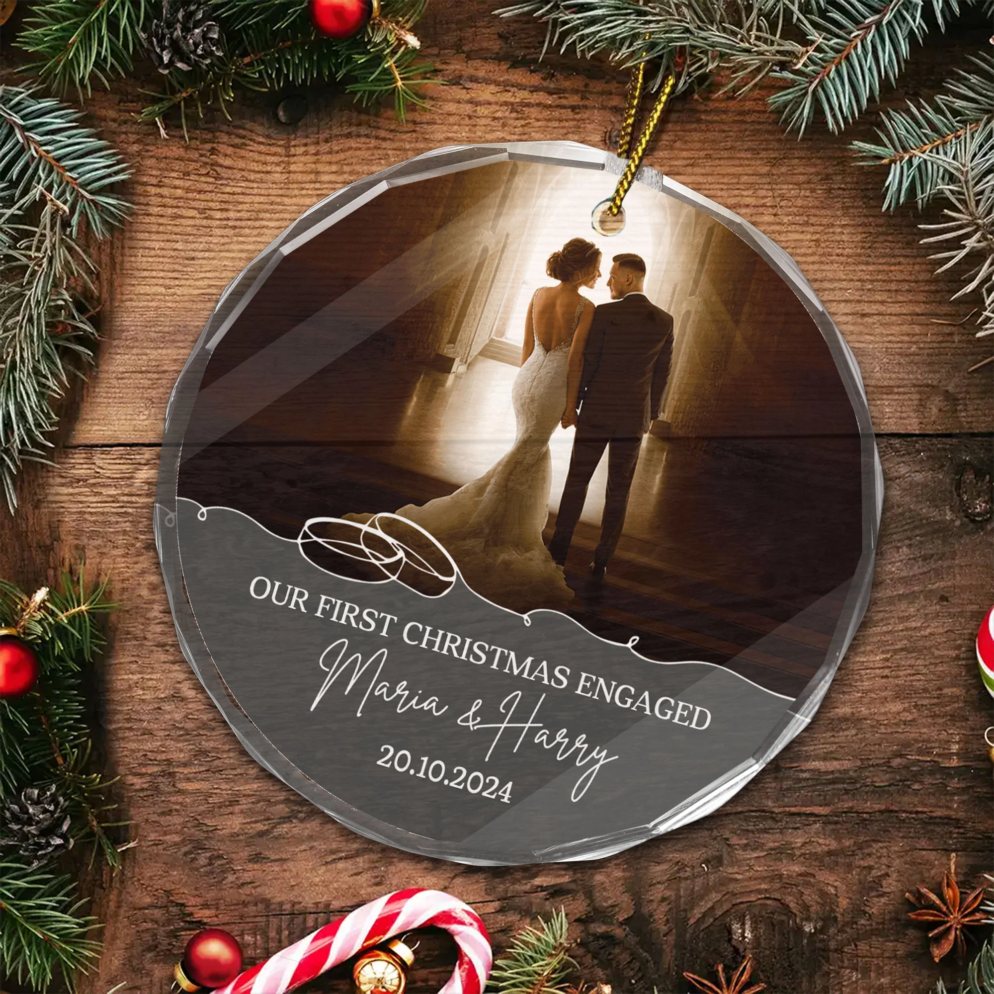 Custom Photo First Christmas Engaged - Gift for Couples, Wedding - Personalized Glass Ornament NH96 - Image 5