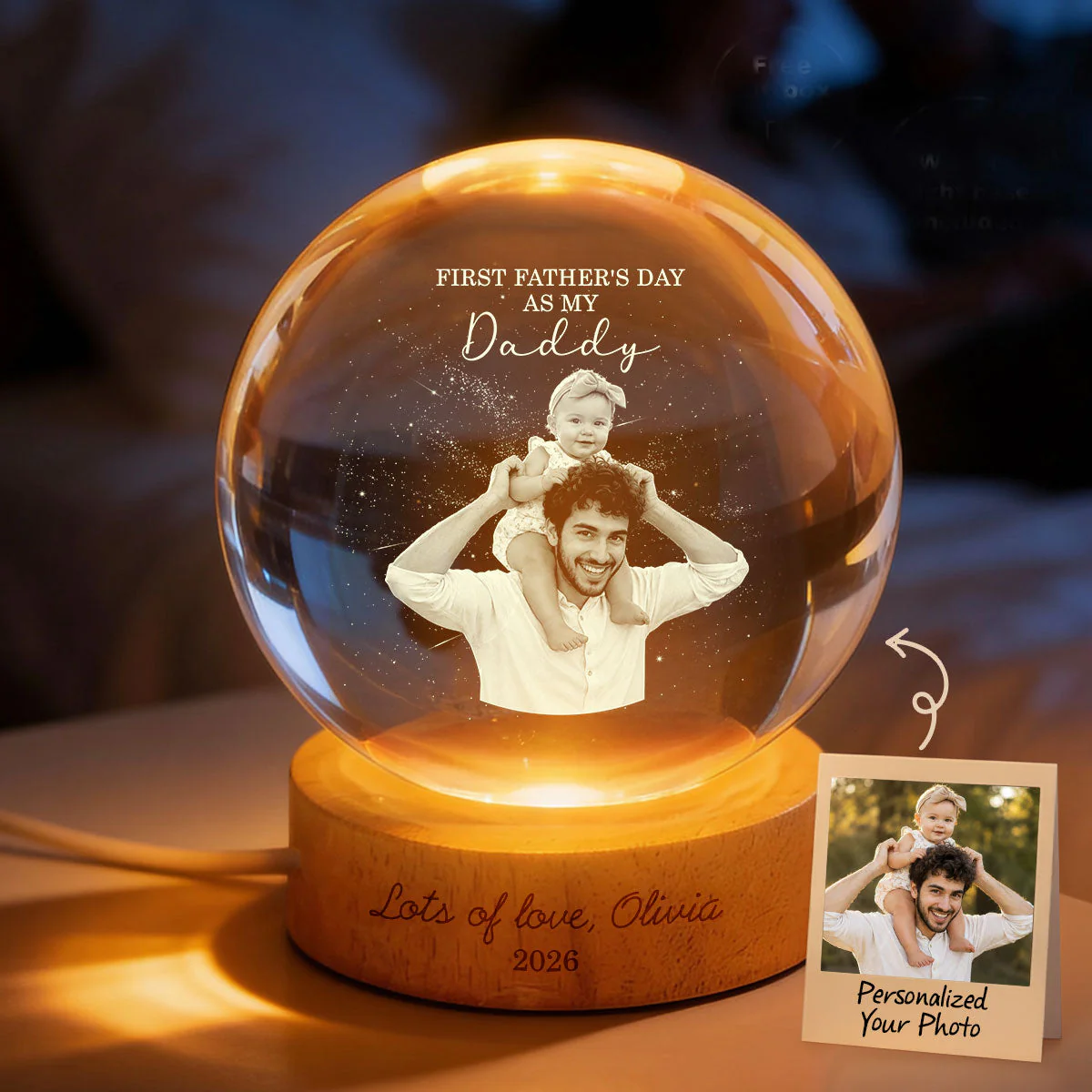 Custom Photo First Father's Day As My Daddy Lots Of Love - Personalized Crystal Globe Lamp - Gift For Dad - Image 4