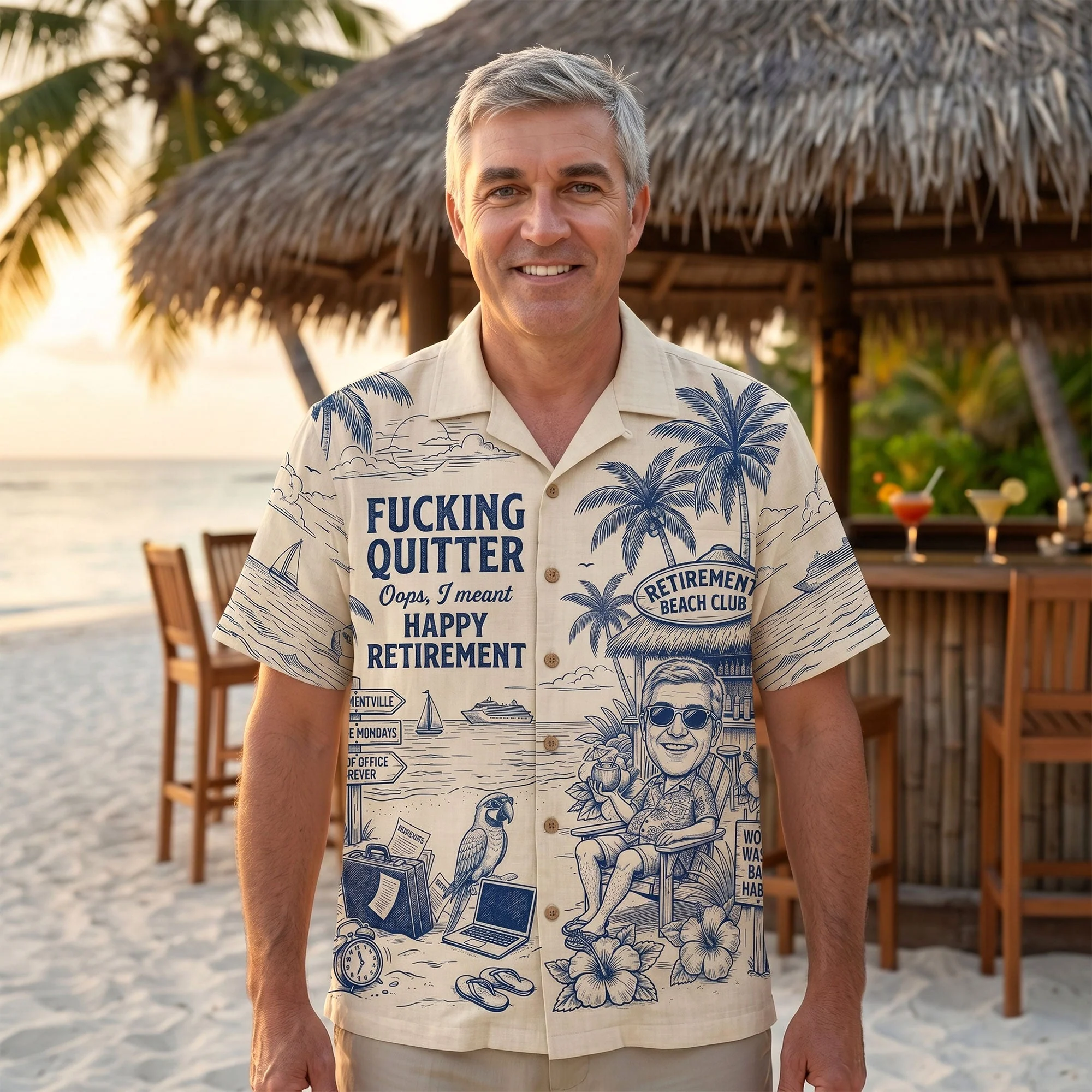Custom Photo Fucking Quitter Club Happy Retirement Summer Toile De Jouy - Personalized Hawaiian Shirt - Gift For Beach Lovers