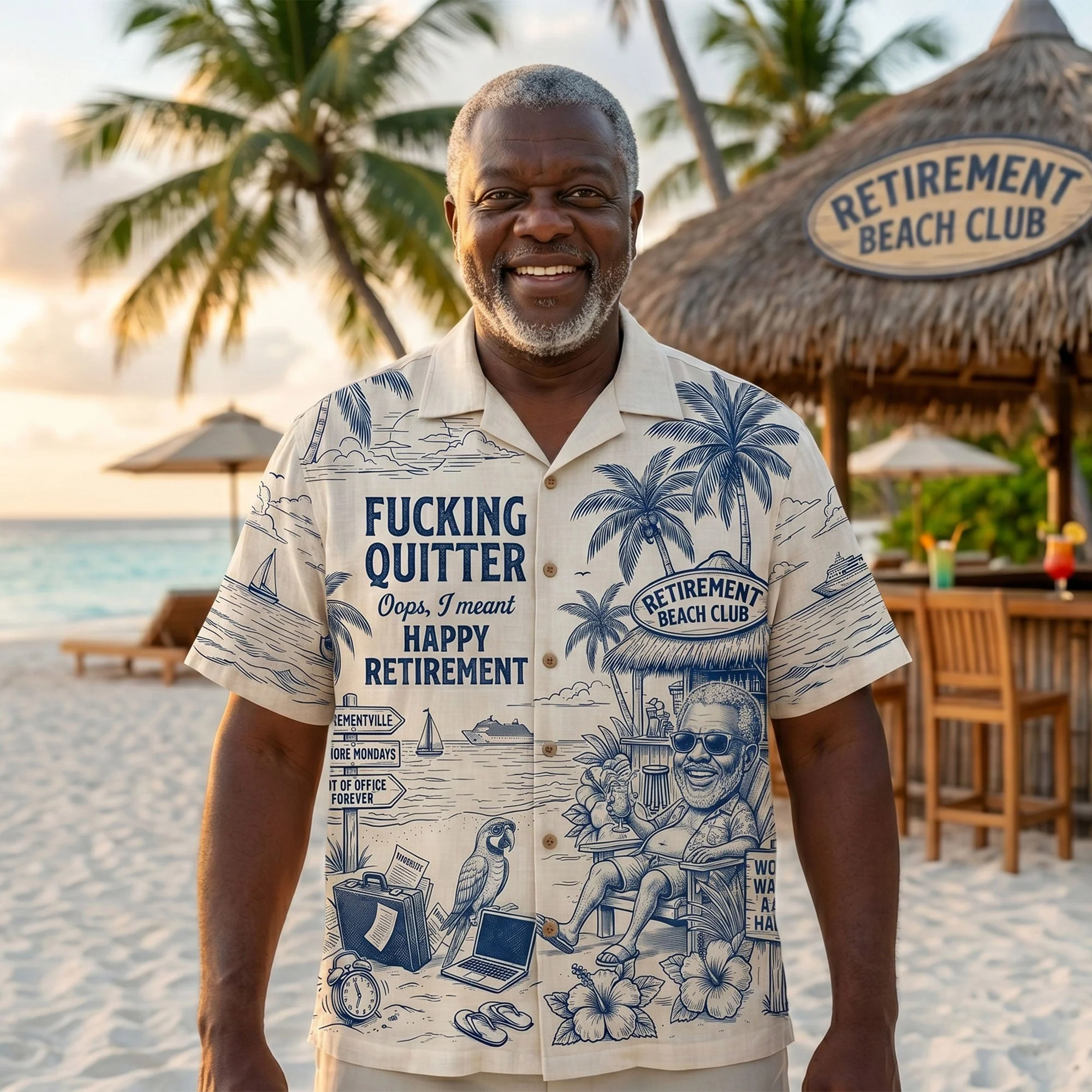 Custom Photo Fucking Quitter Club Happy Retirement Summer Toile De Jouy - Personalized Hawaiian Shirt - Gift For Beach Lovers - Image 2