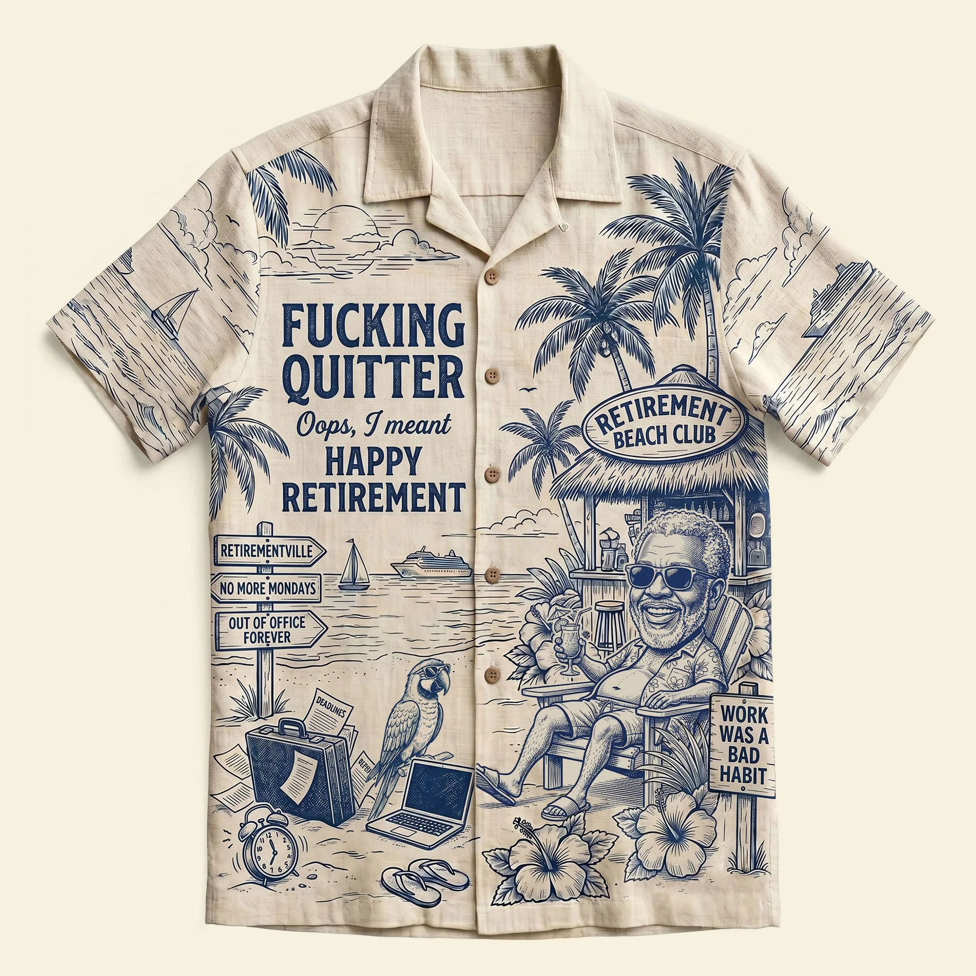 Custom Photo Fucking Quitter Club Happy Retirement Summer Toile De Jouy - Personalized Hawaiian Shirt - Gift For Beach Lovers - Image 3