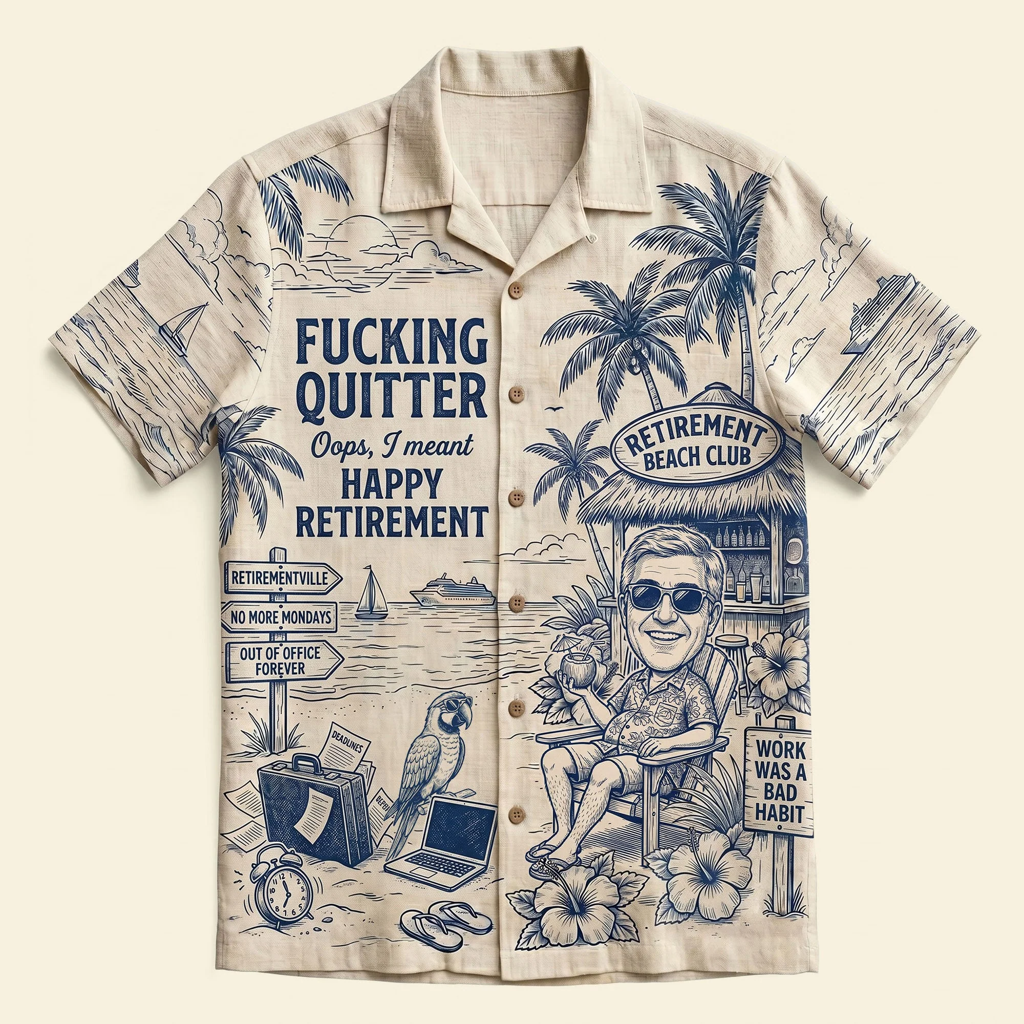 Custom Photo Fucking Quitter Club Happy Retirement Summer Toile De Jouy - Personalized Hawaiian Shirt - Gift For Beach Lovers - Image 4