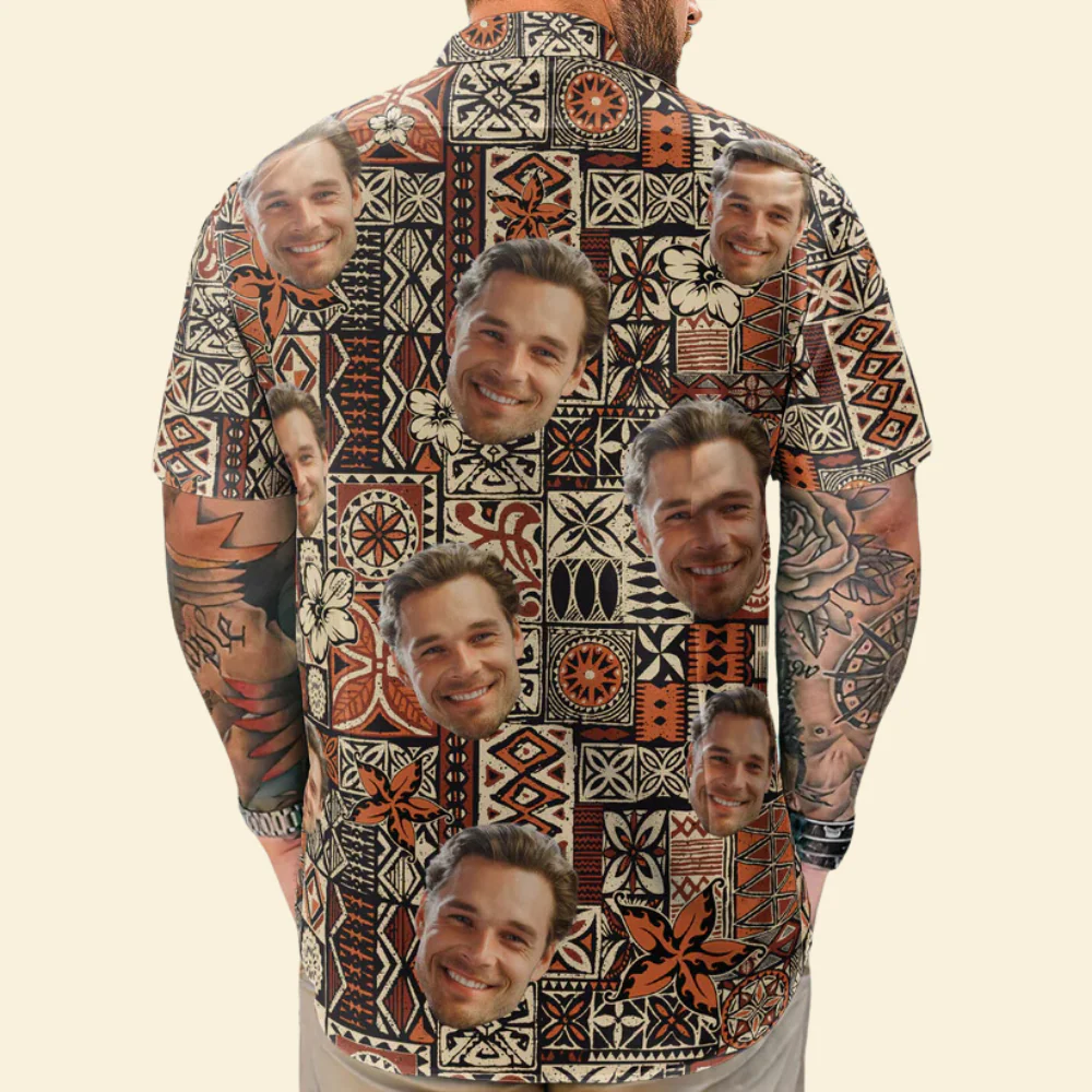 Custom Photo Funny Face Tribal Signal Pattern - Personalized Hawaiian Shirt - Image 2