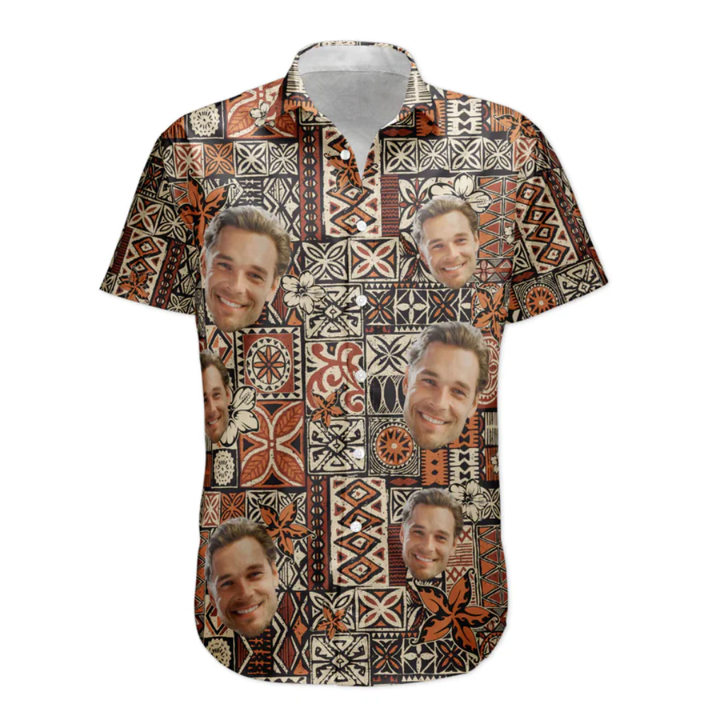 Custom Photo Funny Face Tribal Signal Pattern - Personalized Hawaiian Shirt - Image 3