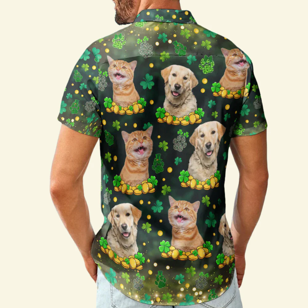 Custom Photo Funny Pet St.Patrick's Day Shamrock Paws - Personalized Hawaiian Shirt - Image 2