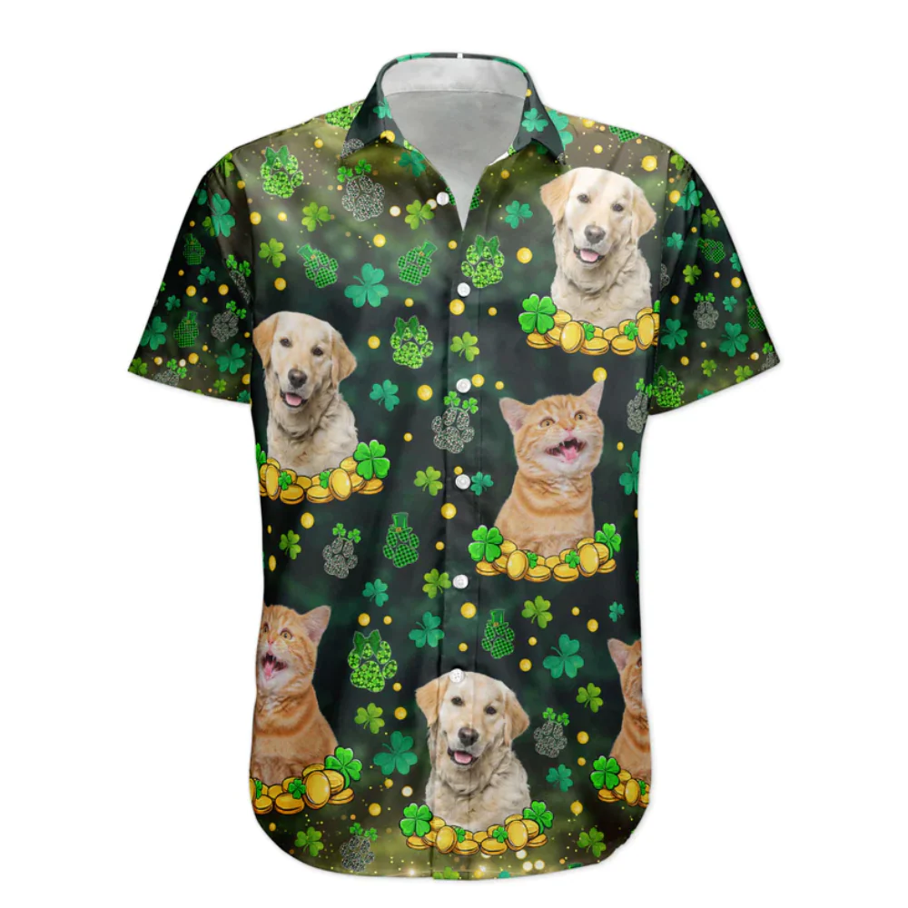 Custom Photo Funny Pet St.Patrick's Day Shamrock Paws - Personalized Hawaiian Shirt - Image 3