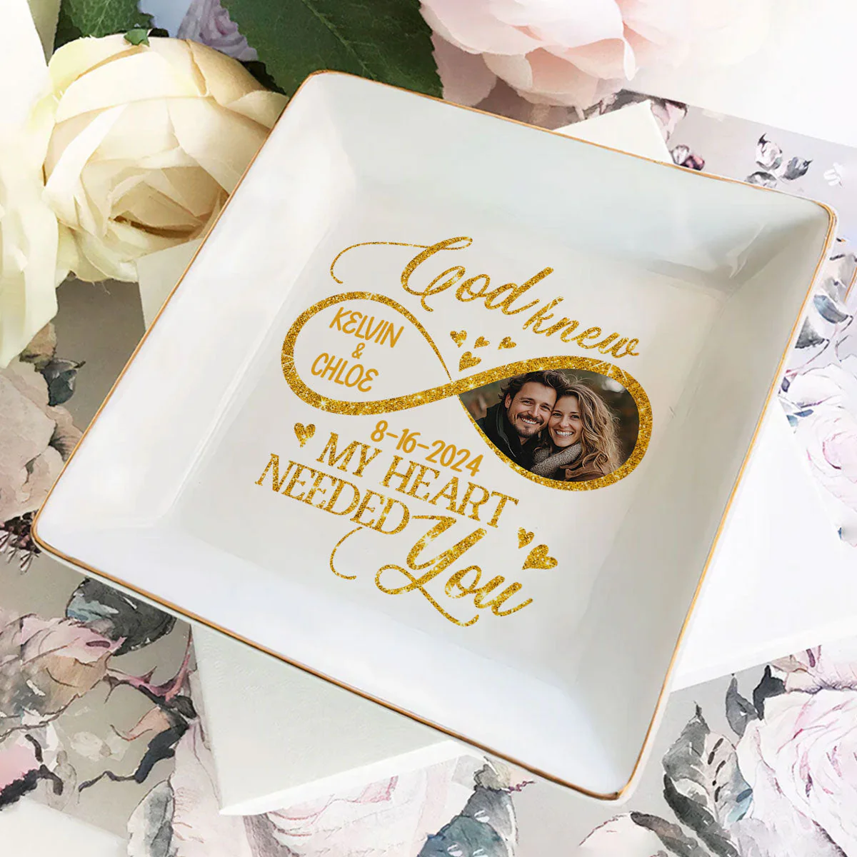 Custom Photo God Knew My Heart Needed You - Personalized Jewelry Dish - Gift For Couple, Husband Wife, Anniversary, Engagement, Wedding, Marriage Gift - NH96 - Image 2