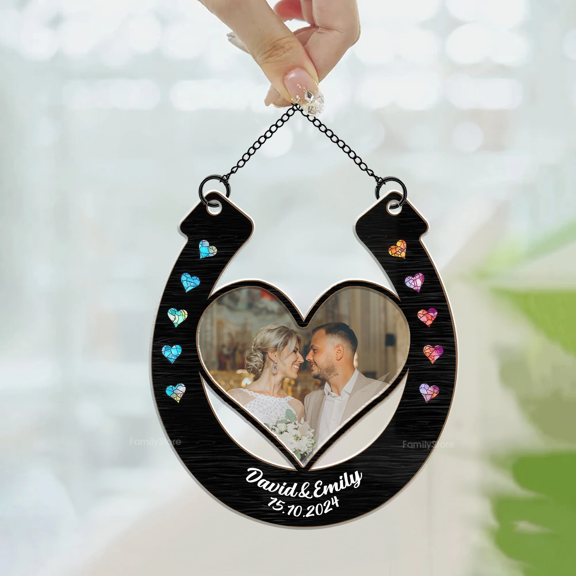 Custom Photo Good Luck Wedding Horseshoe - Gift For Couple - Personalized Window Hanging Window Hanging Suncatcher Ornament NH96 - Image 3