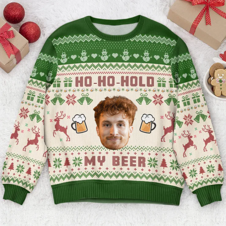Custom Photo Ho-Ho-Hold My Beer - Christmas Gift For Family, Friends - Personalized Ugly Sweatshirt - Image 3