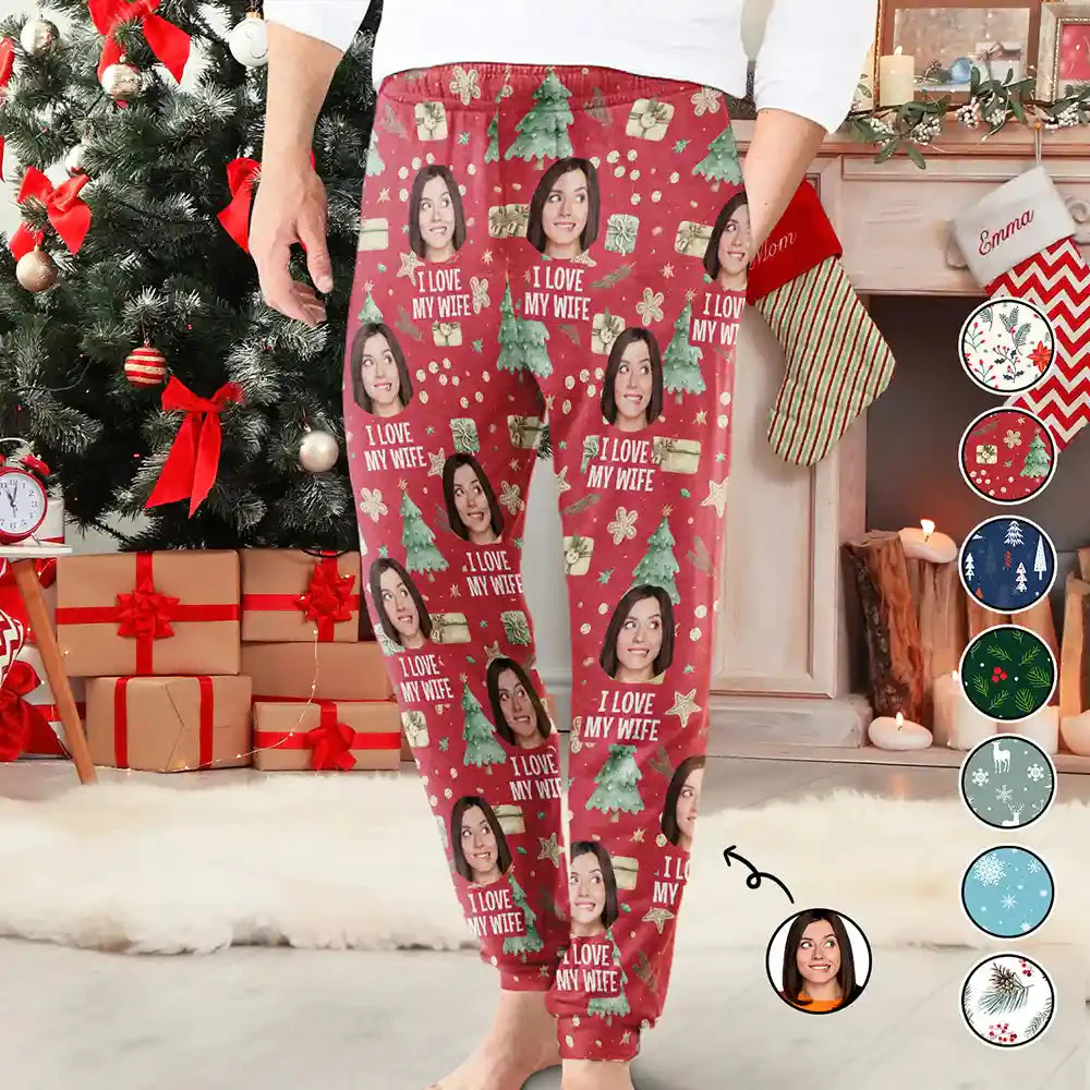 Custom Photo I Love My Wife Christmas Pattern - Gift For Husband, Wife, Couple - Personalized Pajama Pants NA94