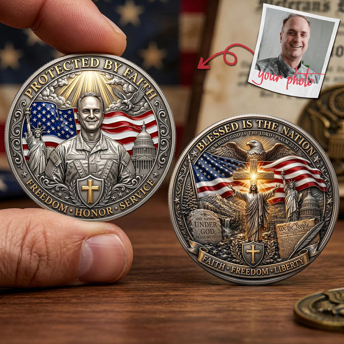 Custom Photo In God We Trust Christian - Personalized Commemorative Coin - Gift For Veterans