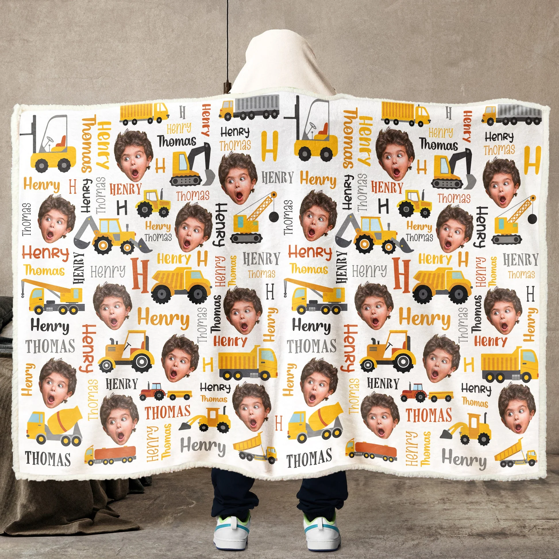 Custom Photo Kid Construction- Personalized Wearable Hooded Blanket - Funny Gift For Kid From Mom, Grandma, Grandmother, Mothers Day NA94