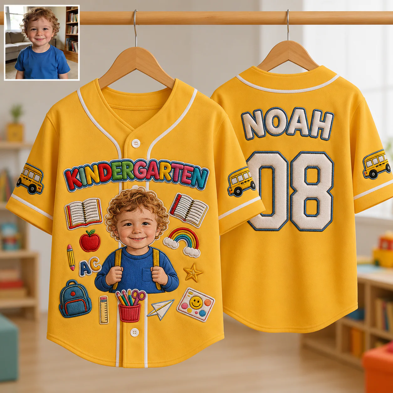 Custom Photo Kindergarten School Bus - Personalized Baseball Jersey for Kids, Youth - Back To School Gifts For Kids
