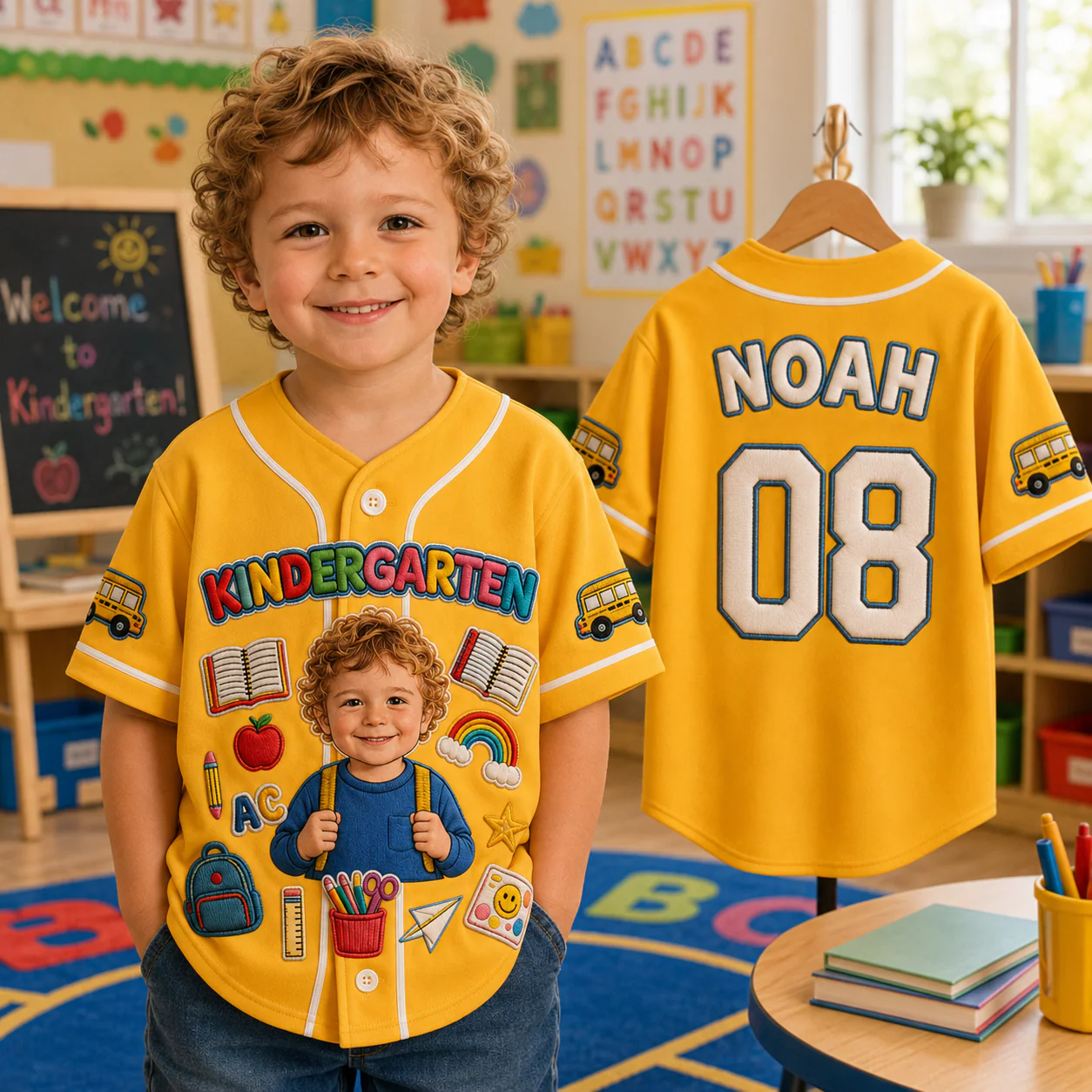 Custom Photo Kindergarten School Bus - Personalized Baseball Jersey for Kids, Youth - Back To School Gifts For Kids - Image 2