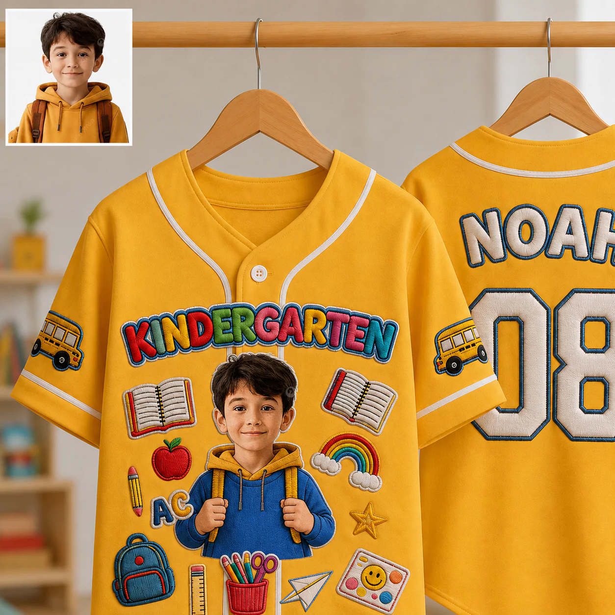 Custom Photo Kindergarten School Bus - Personalized Baseball Jersey for Kids, Youth - Back To School Gifts For Kids - Image 3
