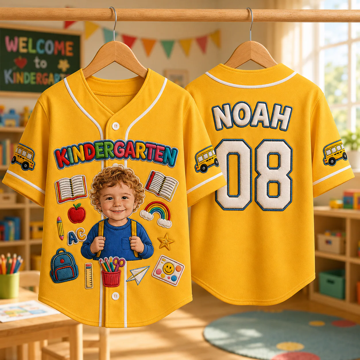 Custom Photo Kindergarten School Bus - Personalized Baseball Jersey for Kids, Youth - Back To School Gifts For Kids - Image 4