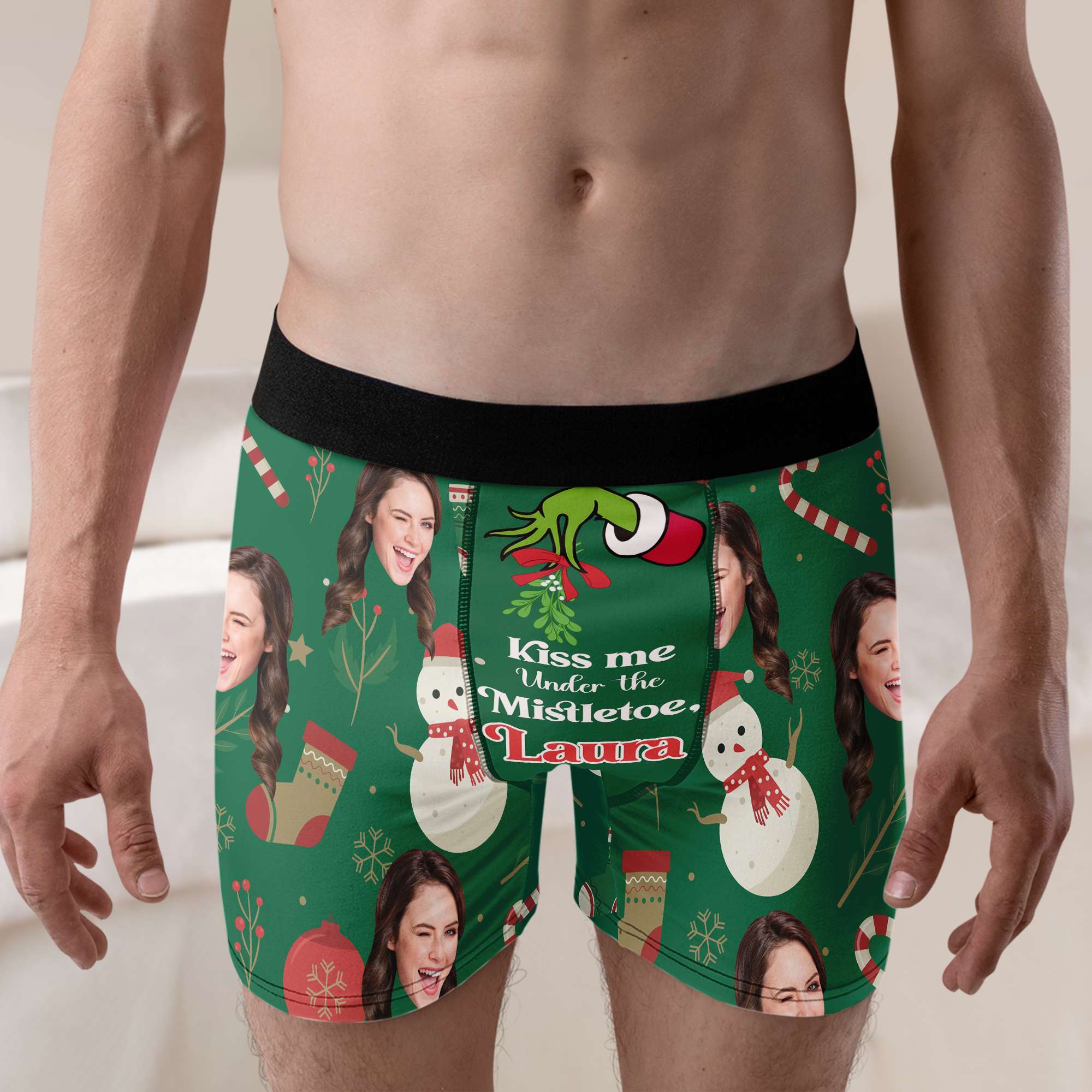 Custom Photo Kiss Me Under The Mistletoe  - Gift For Boyfriend, Husband, Anniversary - Funny Personalized Custom Boxer Briefs, Men's Boxers NH96 - Image 3