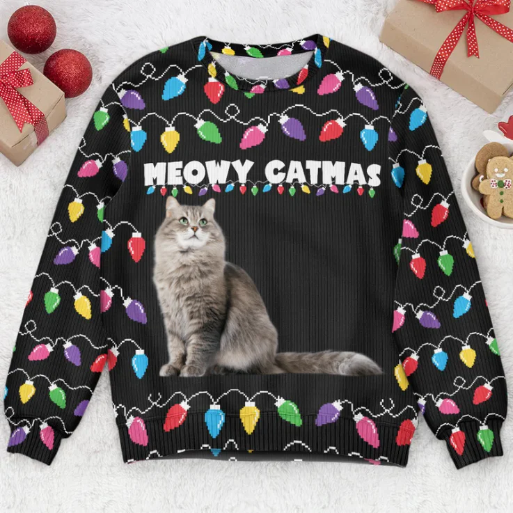 Custom Photo Meowy Catmas - Christmas Gift For Cat Lovers, Cat Mom Dad - Personalized Ugly Sweatshirt