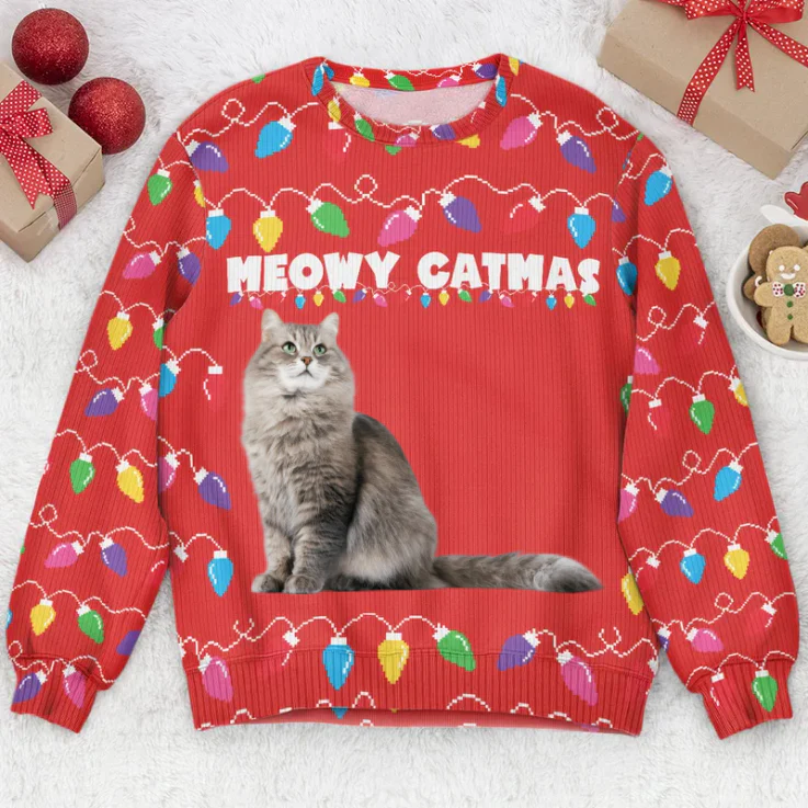 Custom Photo Meowy Catmas - Christmas Gift For Cat Lovers, Cat Mom Dad - Personalized Ugly Sweatshirt - Image 2