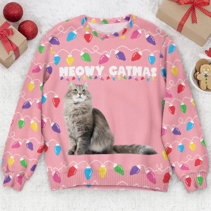 Custom Photo Meowy Catmas - Christmas Gift For Cat Lovers, Cat Mom Dad - Personalized Ugly Sweatshirt - Image 3