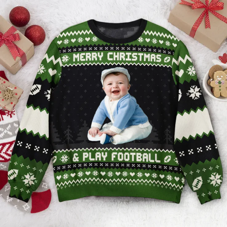 Custom Photo Merry Christmas And Play Football - Personalized Ugly Sweatshirt - Gift for Dad, Grandpa, Husband - Image 2
